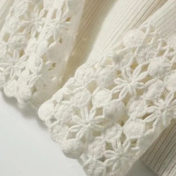 鉤花蕾絲V領寬鬆針織上衣 顯瘦休閒素色毛衣