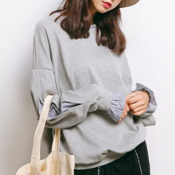 【春人気商品】【2色/M-2XL】薄款假兩件圓領白色TEE襯衫 韓版條紋寬鬆上衣