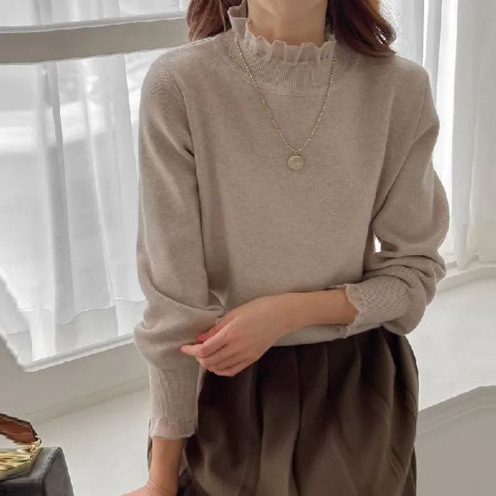 韓國花邊立領上衣-素面蕾絲婚禮OL針織長袖拼接親膚