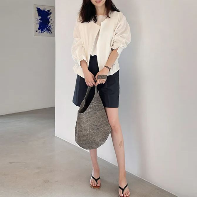 韓國chic 開襟 純色 簡約 薄款 袖口 開叉 長袖 短外套 罩衫外套