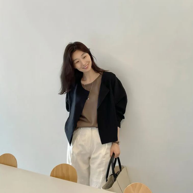 韓國chic 開襟 純色 簡約 薄款 袖口 開叉 長袖 短外套 罩衫外套