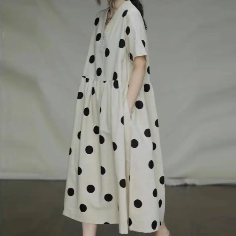 文藝復古波點棉麻長洋 大碼寬鬆棉麻連身裙 復古V領短袖棉麻長裙
