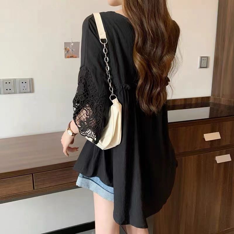 溫柔甜美 蕾絲拼接中長款T恤 氣質通勤別緻寬鬆休閒百搭上衣