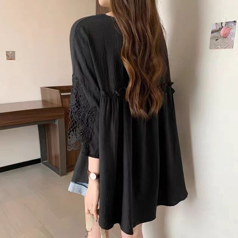 溫柔甜美 蕾絲拼接中長款T恤 氣質通勤別緻寬鬆休閒百搭上衣