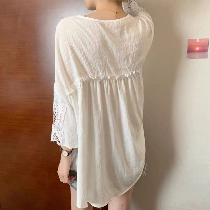 溫柔甜美 蕾絲拼接中長款T恤 氣質通勤別緻寬鬆休閒百搭上衣