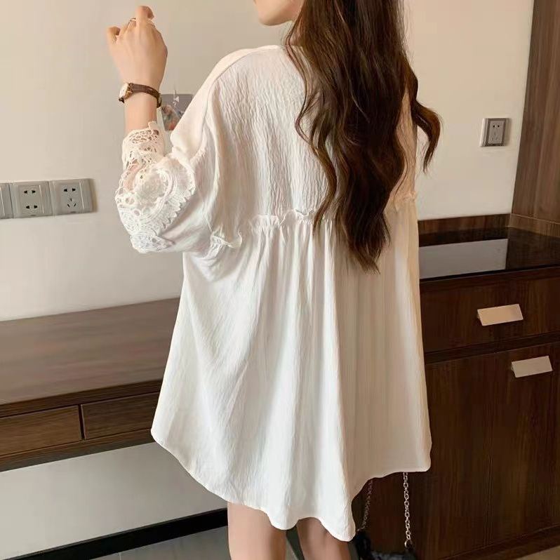 溫柔甜美 蕾絲拼接中長款T恤 氣質通勤別緻寬鬆休閒百搭上衣