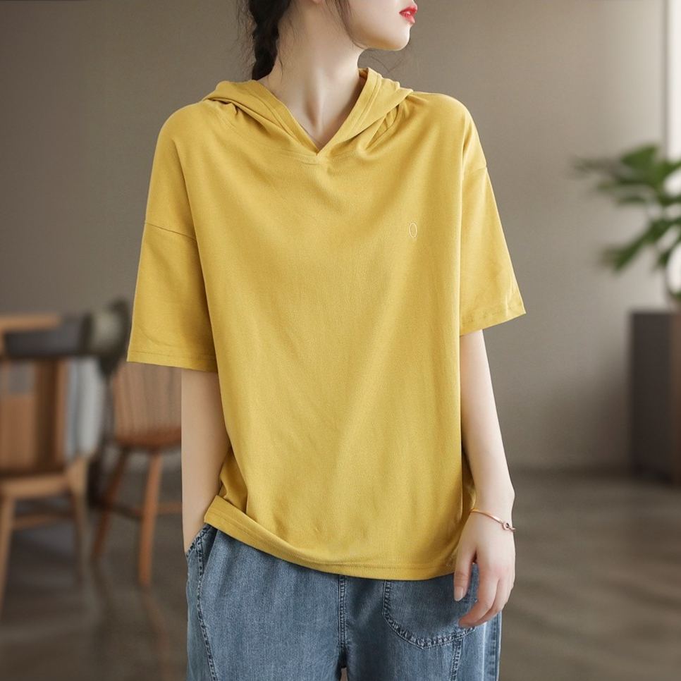 純棉短袖連帽T*6色可選 夏天薄款帶帽打底衫可外穿純色T恤上衣