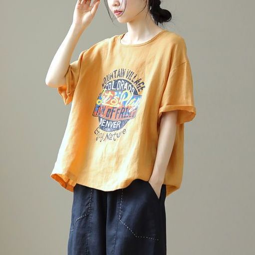 簡約．字母印花圖案上衣  棉麻印花短袖 圓領休閒t恤