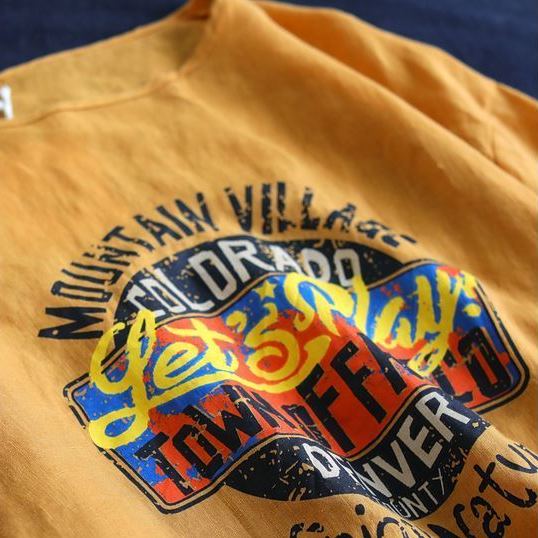 簡約．字母印花圖案上衣  棉麻印花短袖 圓領休閒t恤