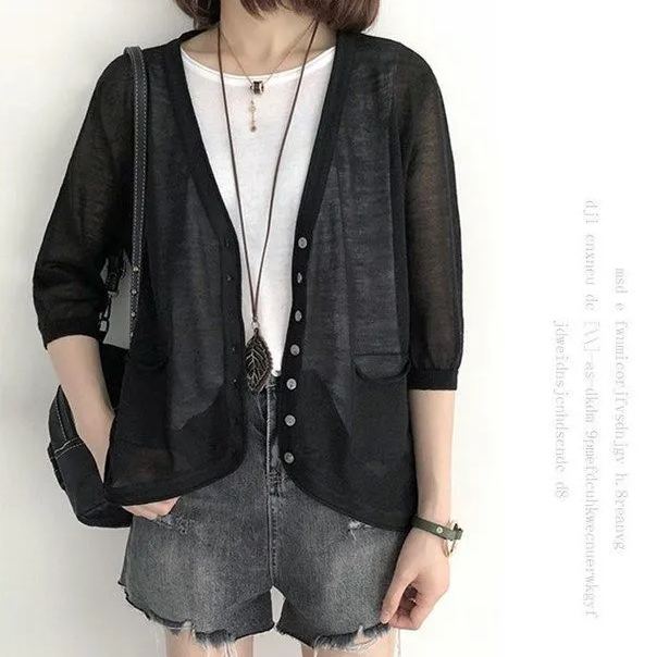 日韓風休閒罩衫 百搭冰絲針織開襟衫 洋氣上衣