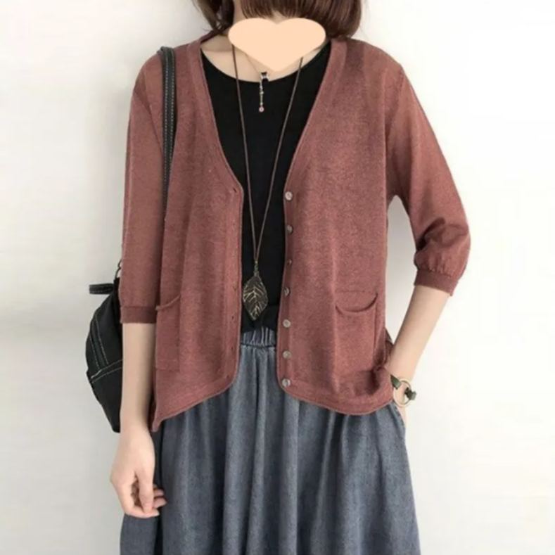 日韓風休閒罩衫 百搭冰絲針織開襟衫 洋氣上衣