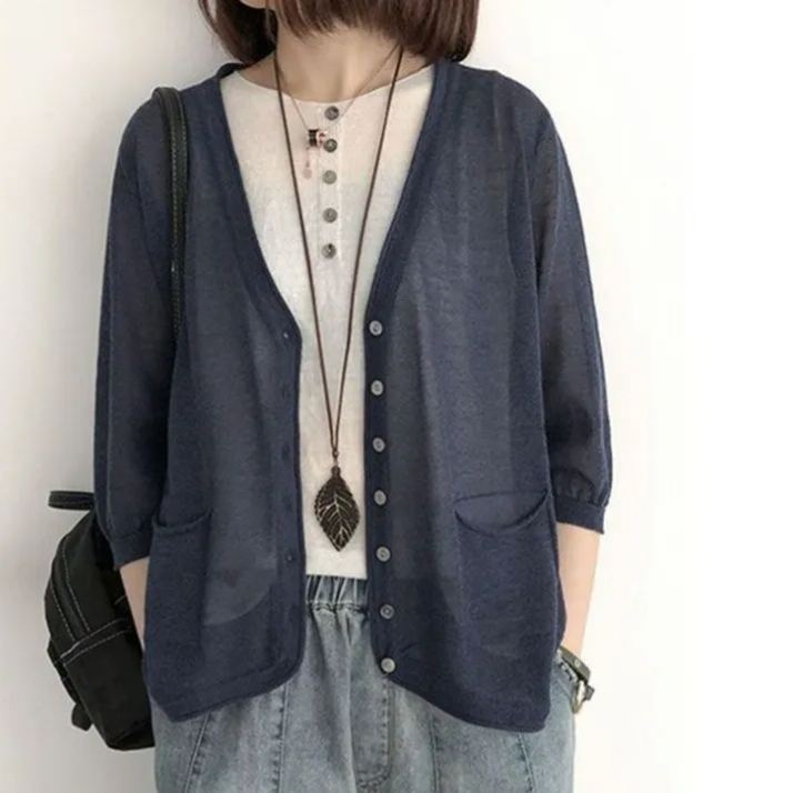 日韓風休閒罩衫 百搭冰絲針織開襟衫 洋氣上衣