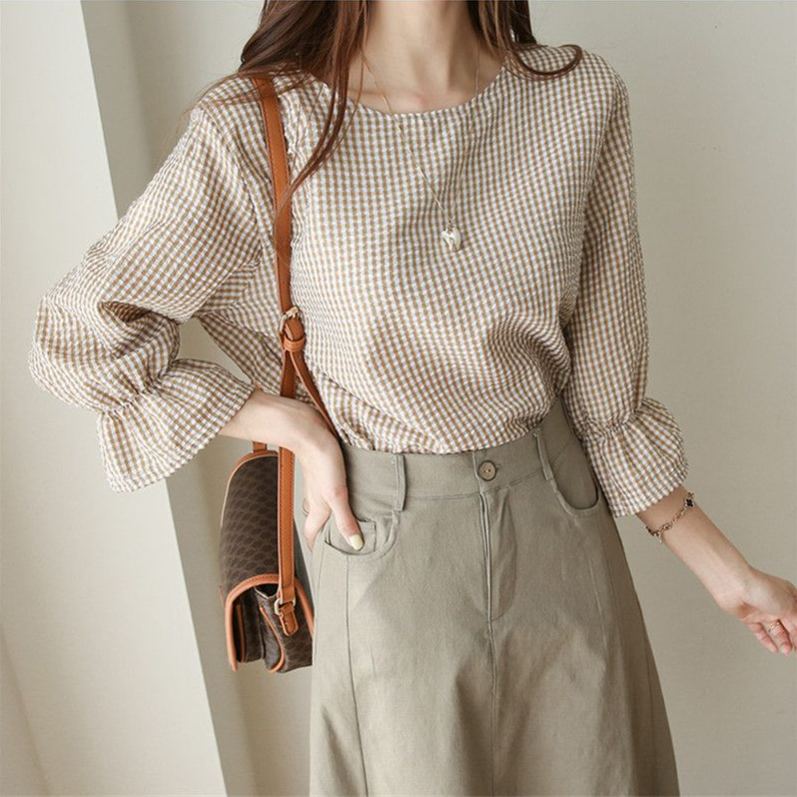 英倫格紋x顯瘦喇叭袖 優雅圓領上衣 寬鬆襯衫顯瘦微喇袖