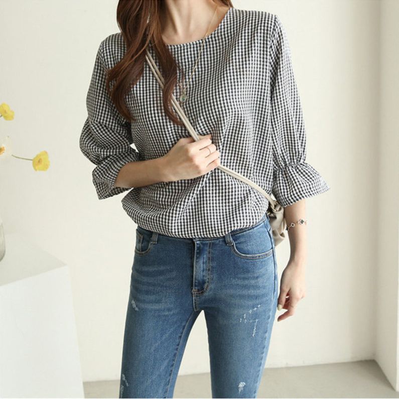 英倫格紋x顯瘦喇叭袖 優雅圓領上衣 寬鬆襯衫顯瘦微喇袖