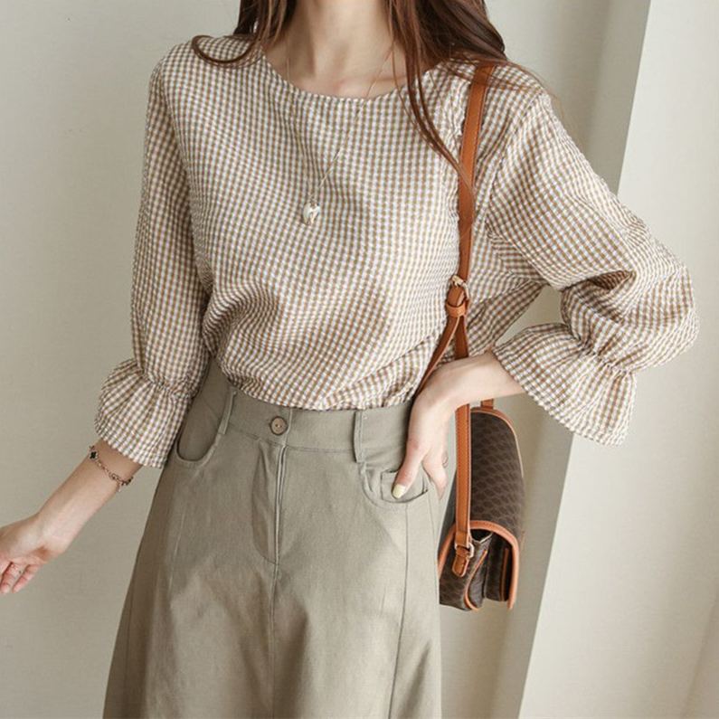 英倫格紋x顯瘦喇叭袖 優雅圓領上衣 寬鬆襯衫顯瘦微喇袖
