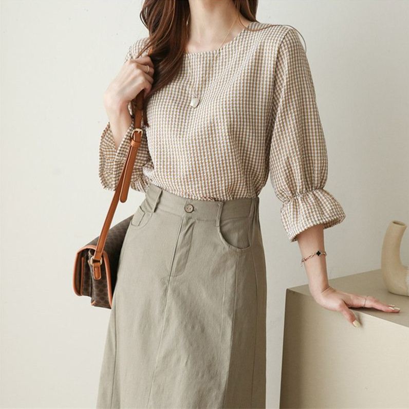 英倫格紋x顯瘦喇叭袖 優雅圓領上衣 寬鬆襯衫顯瘦微喇袖