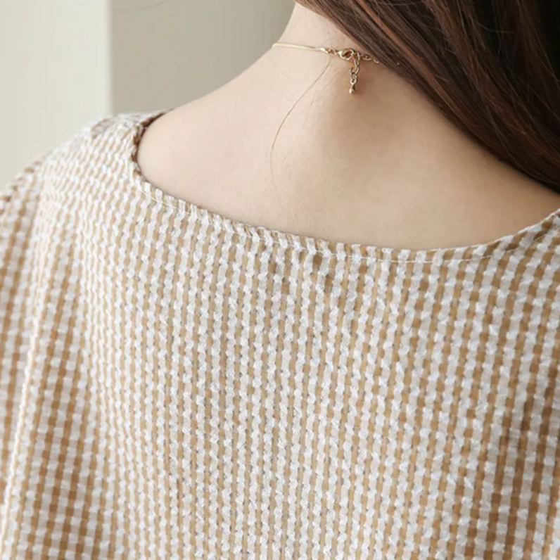 英倫格紋x顯瘦喇叭袖 優雅圓領上衣 寬鬆襯衫顯瘦微喇袖