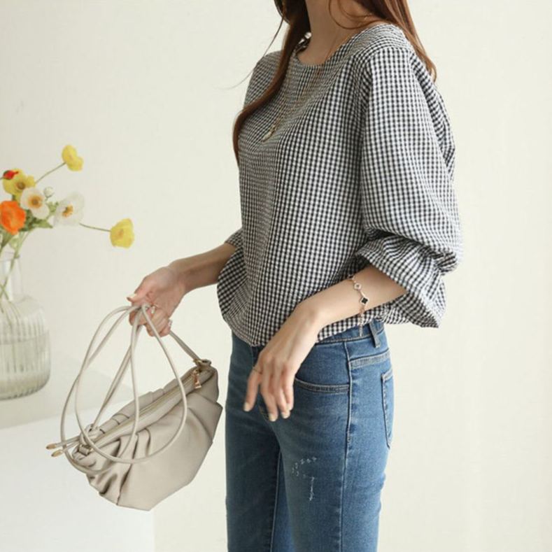 英倫格紋x顯瘦喇叭袖 優雅圓領上衣 寬鬆襯衫顯瘦微喇袖