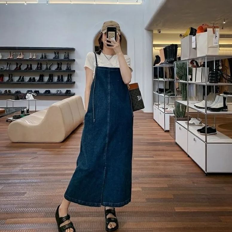 清新韓系 視覺細 無袖 套頭 簡約 素面 休閒 牛仔洋裝