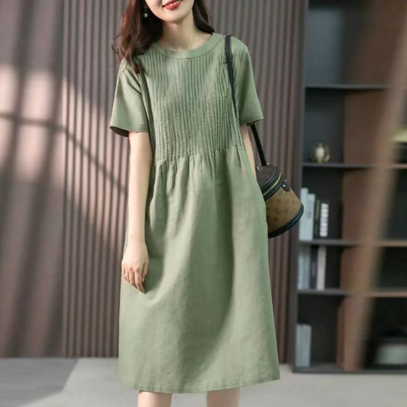 棉麻中長版洋裝 法式設計感 圓領短袖 前胸壓摺 寬鬆顯瘦