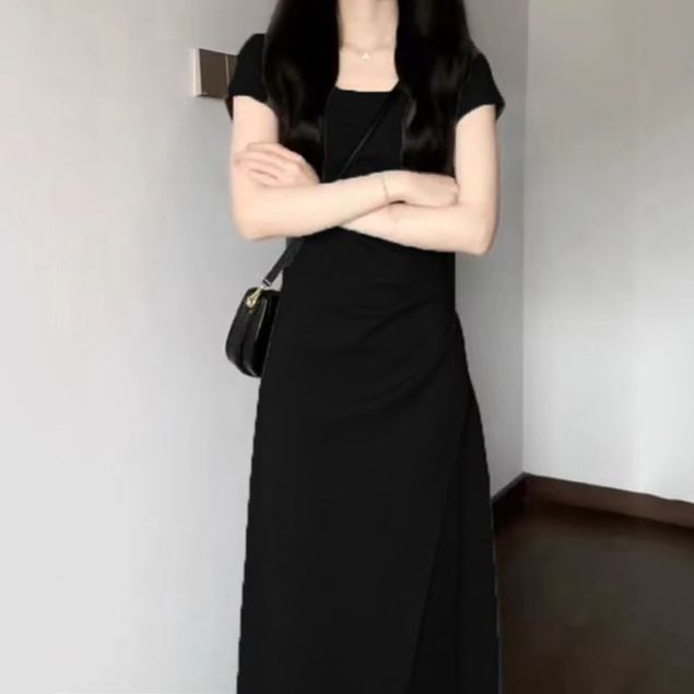 法式氣質收腰短袖連身裙 小眾設計圓領短裙