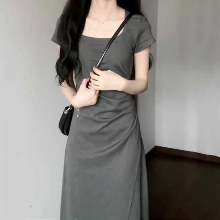 法式氣質收腰短袖連身裙 小眾設計圓領短裙
