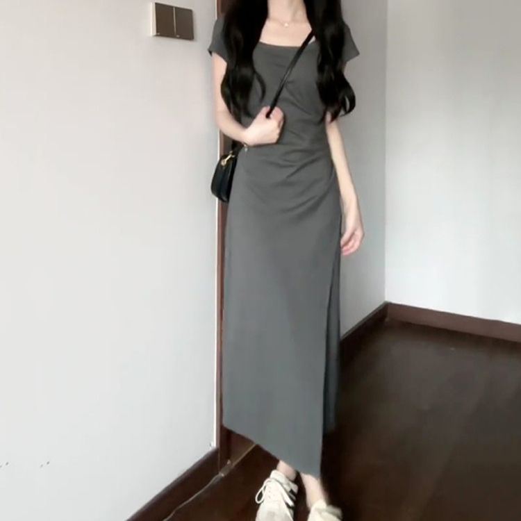 法式氣質收腰短袖連身裙 小眾設計圓領短裙