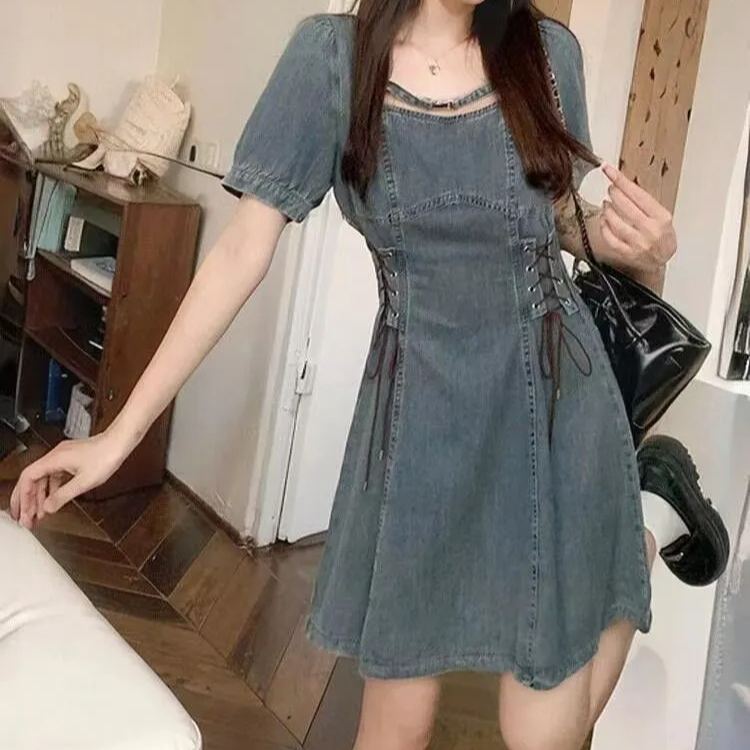 法式復古牛仔洋裝 側綁帶束腰 方領 收腰顯瘦（短版/長版可選）