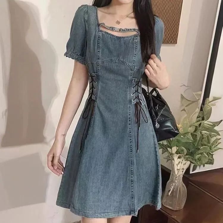 法式復古牛仔洋裝 側綁帶束腰 方領 收腰顯瘦（短版/長版可選）