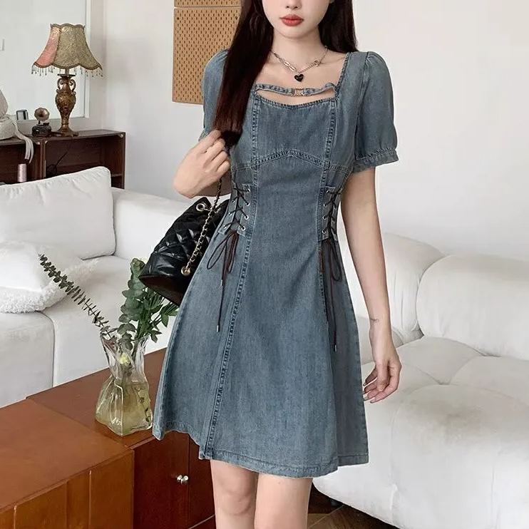 法式復古牛仔洋裝 側綁帶束腰 方領 收腰顯瘦（短版/長版可選）