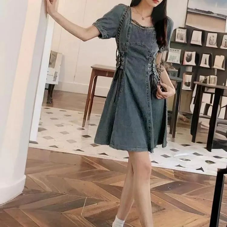 法式復古牛仔洋裝 側綁帶束腰 方領 收腰顯瘦（短版/長版可選）