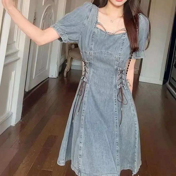 法式復古牛仔洋裝 側綁帶束腰 方領 收腰顯瘦（短版/長版可選）