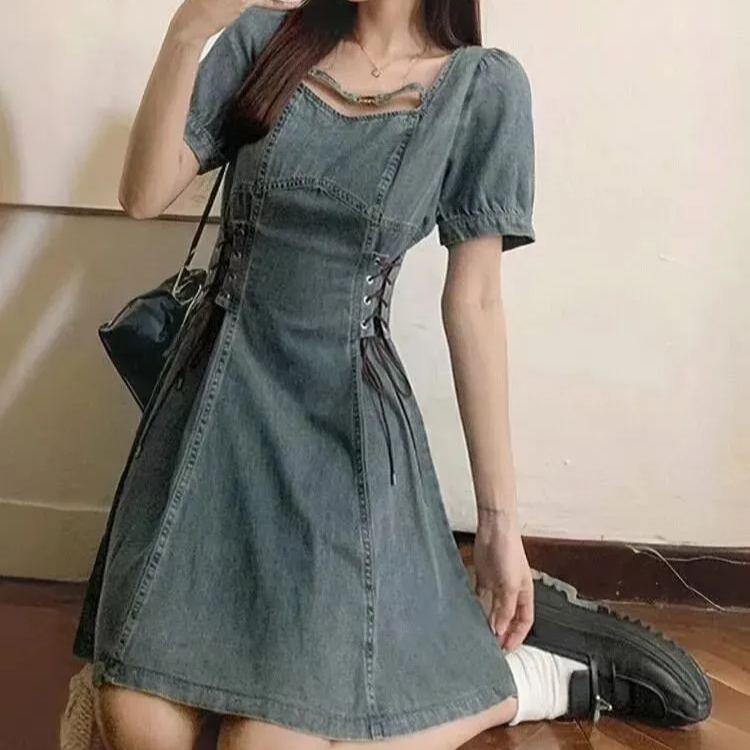 法式復古牛仔洋裝 側綁帶束腰 方領 收腰顯瘦（短版/長版可選）