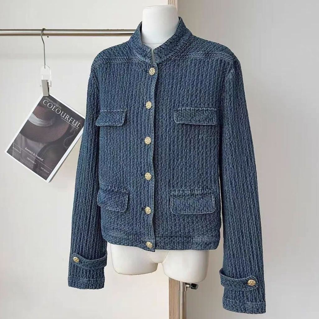 小香風丹寧短版外套 立領金釦 藍色復古感 外搭