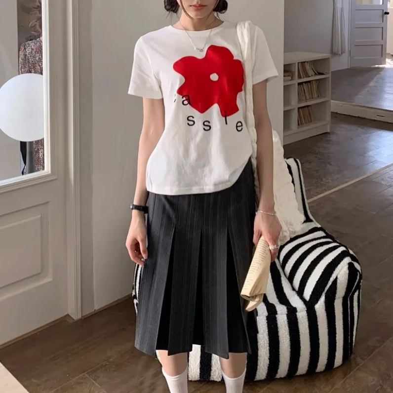 純棉紅花印花T恤 白色短袖 韓系甜美 顯年輕 夏季百搭