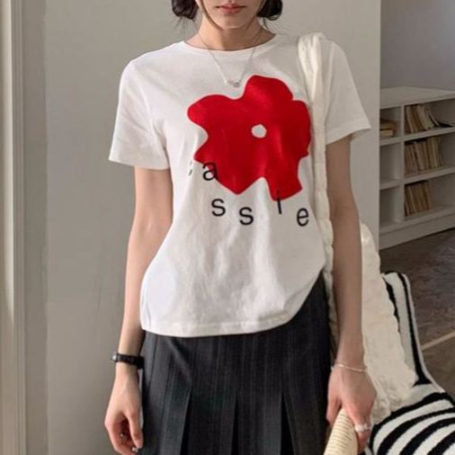 純棉紅花印花T恤 白色短袖 韓系甜美 顯年輕 夏季百搭