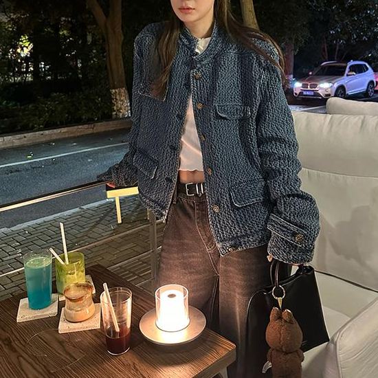 小香風丹寧短版外套 立領金釦 藍色復古感 牛仔外搭