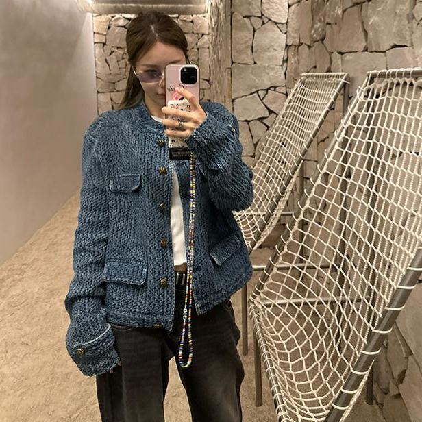 小香風丹寧短版外套 立領金釦 藍色復古感 牛仔外搭