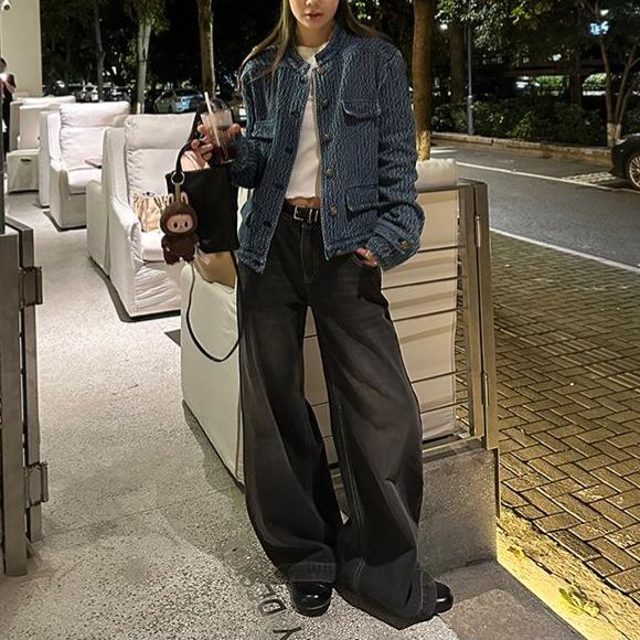 小香風丹寧短版外套 立領金釦 藍色復古感 牛仔外搭