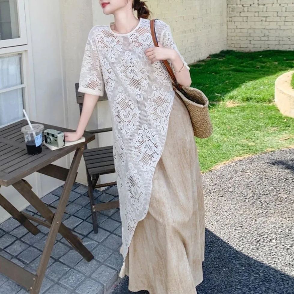 蕾絲鏤空罩衫＋吊帶洋裝 法式浪漫風兩件式套裝 法式慵懶