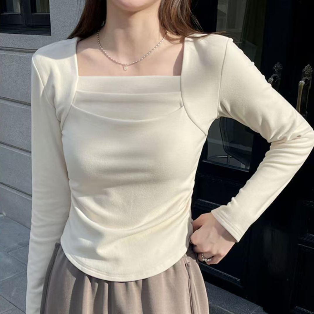 方領保暖上衣 德絨發熱材質 內刷毛 褶皺設計 收腰修身 長袖T恤