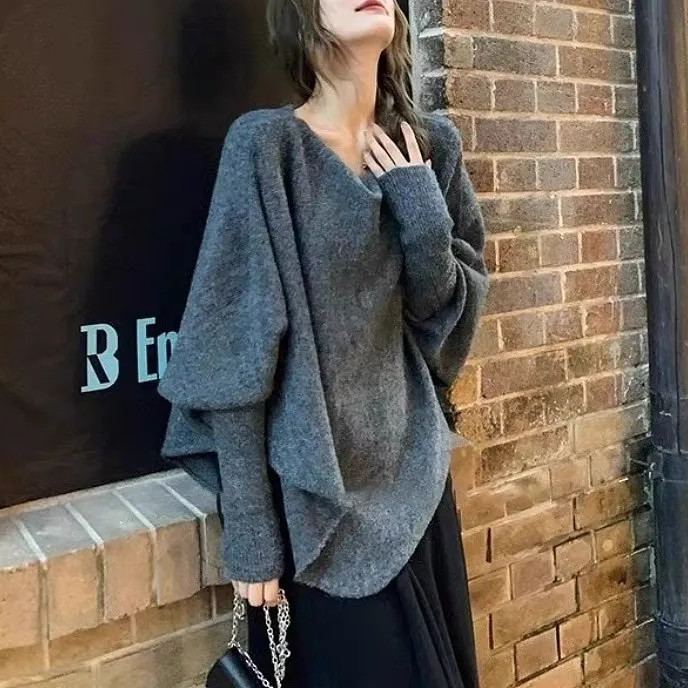 慵懶風蝙蝠袖寬鬆毛衣-早秋針織上衣