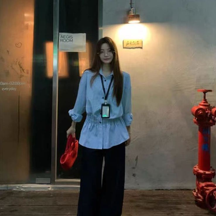 長袖條紋襯衫 抽繩收腰＋荷葉擺 顯瘦有型 秋季上衣