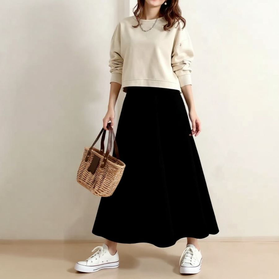 圓領長袖上衣×高腰中長裙 套装兩件式 春秋新款 清新顯瘦