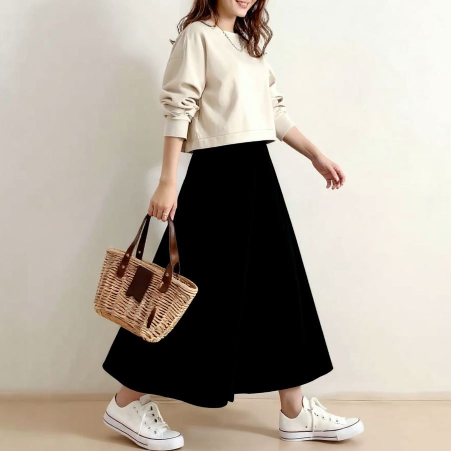 圓領長袖上衣×高腰中長裙 套装兩件式 春秋新款 清新顯瘦