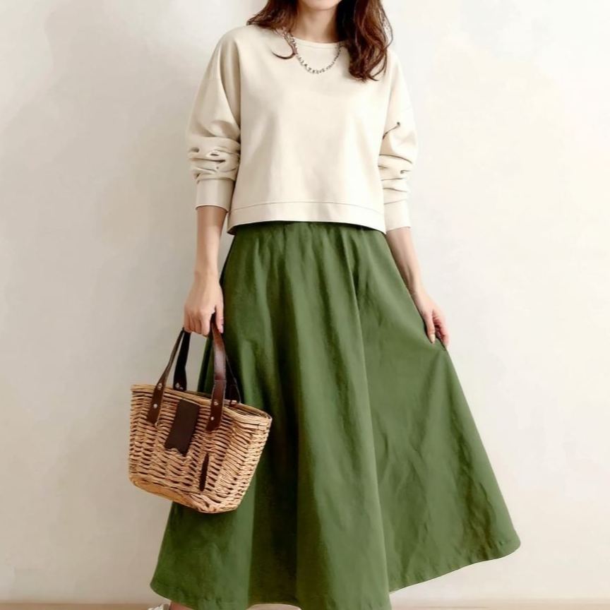 圓領長袖上衣×高腰中長裙 套装兩件式 春秋新款 清新顯瘦