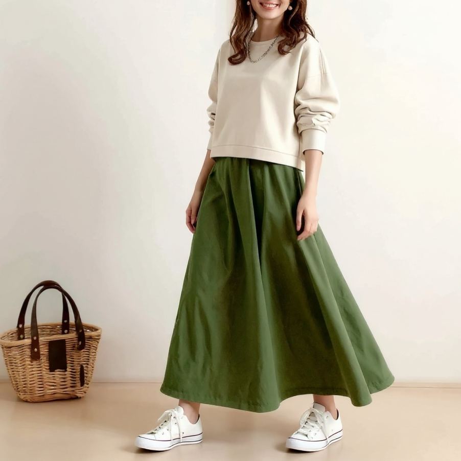 圓領長袖上衣×高腰中長裙 套装兩件式 春秋新款 清新顯瘦
