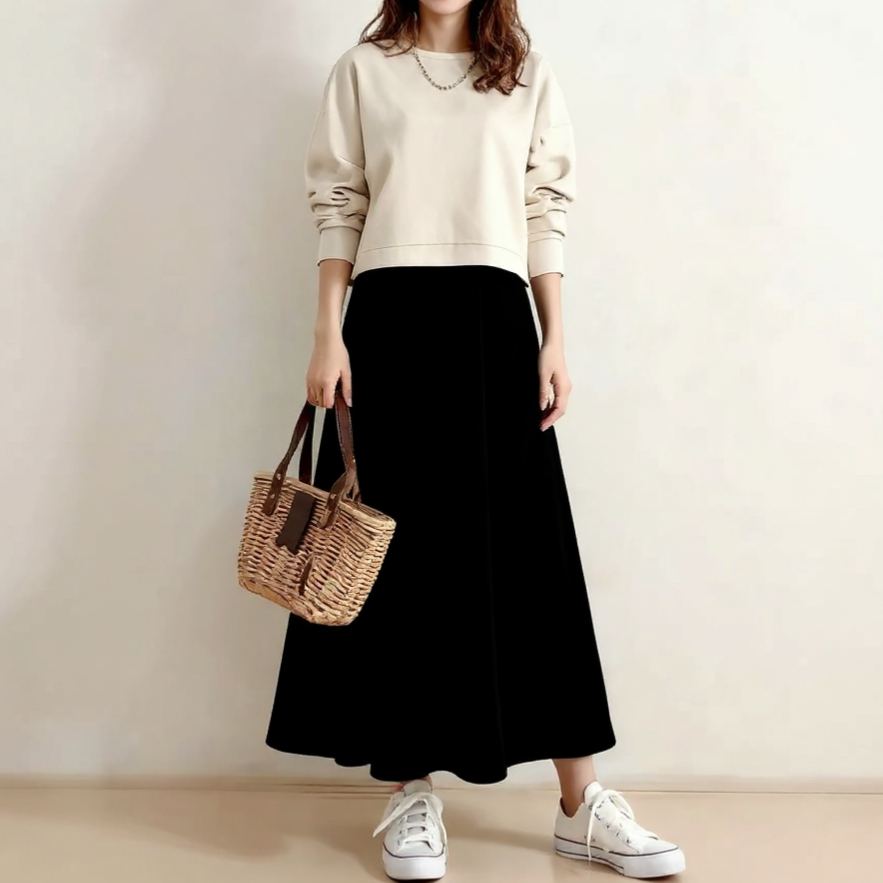 圓領長袖上衣×高腰中長裙 套装兩件式 春秋新款 清新顯瘦
