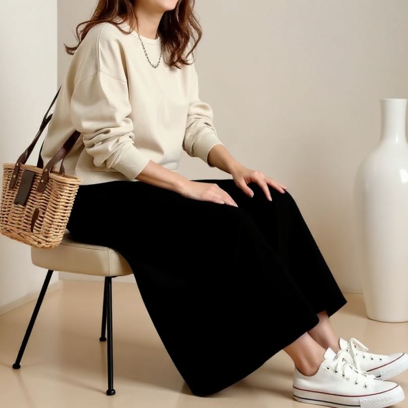 圓領長袖上衣×高腰中長裙 套装兩件式 春秋新款 清新顯瘦