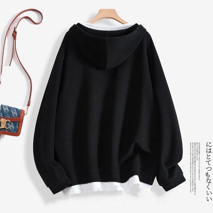 春秋大版型寬鬆遮肉假兩件連帽TEE 中長款百搭長袖